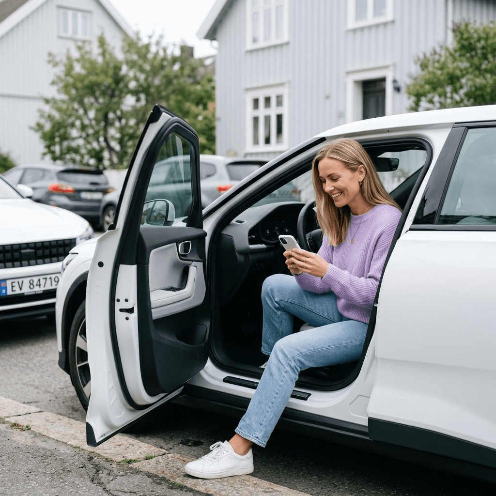 Kvinne sitter i døråpningen på en hvit elbil og laster opp bilder av bilen fra mobilen til annonsen på Bilskifte