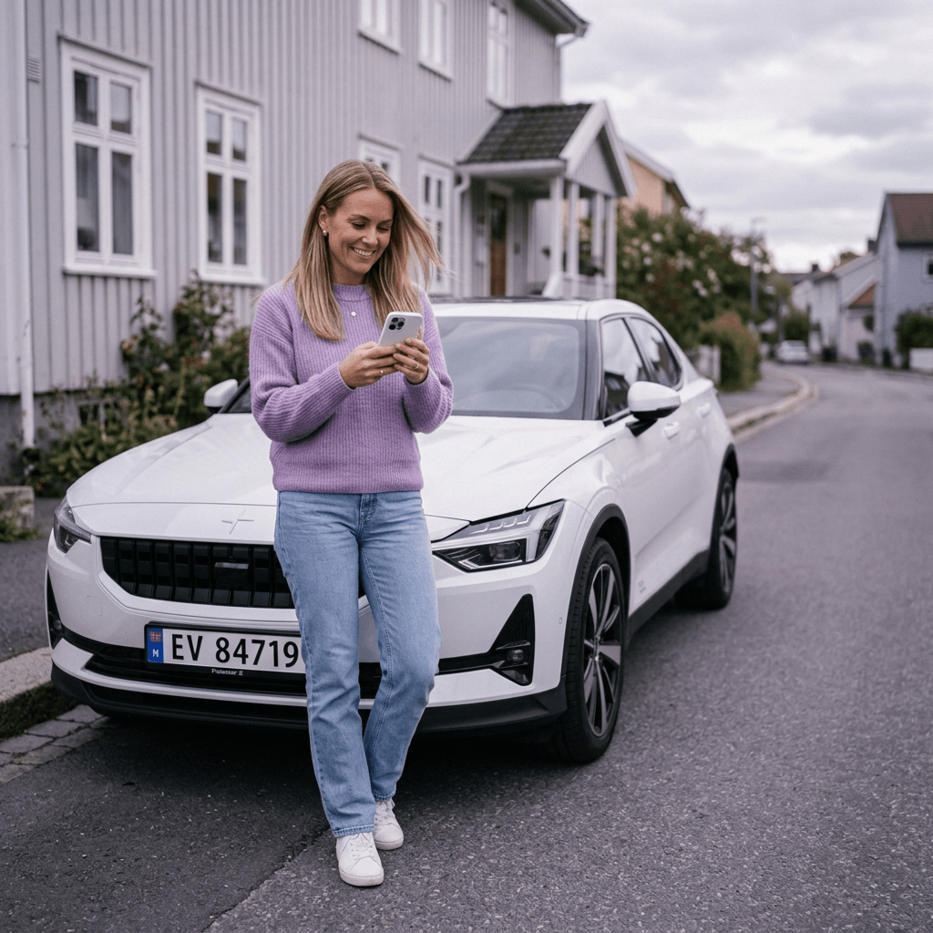 Kvinne i lilla genser lener seg mot en hvit elbil og skriver inn registreringsnummeret på mobilen for å selge bilen på Bilskifte